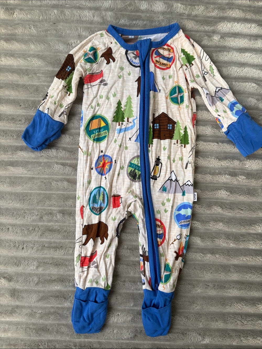 Little Sleepies Cream Outdoor Camping Print Footed One-Piece with Blue Trim